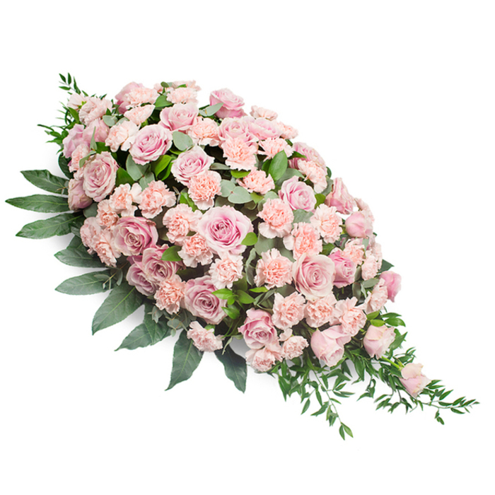 An elegant funeral spray in soft, romantic pinks is displayed on a bright white background, emphasizing the full, layered nature of the flowers and the delicate teardrop silhouette. The upper left portion is lush and rounded, brimming with large, fully opened pink roses whose petals curl gently back to reveal intricate spirals at their centers. These roses range in tone from pale blush to slightly deeper rose, creating a subtle gradient that draws the eye along the length of the design. Nestled between and around them, smaller light peach-pink carnations add a gentle ruffle, their many fine petals giving the surface a soft, almost velvety appearance. The blooms are packed closely together so that the arrangement feels generous and complete, with no harsh gaps or rigid lines. A rich base of deep green foliage supports the flowers, with broad, slightly glossy leaves forming a solid foundation, especially along the outer left and lower edges. From the narrower right-hand tip, finer greenery and slender leaves extend outward, giving the impression that the spray is gently flowing or reaching forward. The overall mood is serene and respectful, much like walking through a quiet corner of Canonbury's residential streets on a calm afternoon. While the image contains no visible ribbons or text, the design clearly signals its purpose as a sympathy or funeral tribute, suitable for a casket top or as a prominent feature at a memorial service. Crafted with a florist's practiced eye, every detail-from the balance of pink tones to the proportion of foliage-works together to express heartfelt condolences and enduring love.
