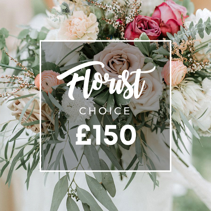 Radiant and romantic, this lavish hand-tied bouquet feels drawn from a well-kept Canonbury garden. Dominating blossoms are pale pink and creamy white roses with tightly furled centers, complemented by ruffled peach ranunculus and touches of deeper dusty pink or burgundy for depth. Interspersed are smaller white blooms-mums-like textures or spray flowers-that add brightness, while generous greenery frames the composition. Eucalyptus leaves, dusty-green and silvery, create a modern, natural halo around the flowers, with feathery foliage and a few reddish-brown buds adding rustic charm. The overall style is luxurious yet approachable, an arrangement that would grace a wedding table, an anniversary bouquet, or a gift for someone special in Canonbury, Islington, or nearby Upper Street. Central to the image is a semi-transparent white square overlay containing 'Florist Choice' in white script, with 'CHOICE' in bold sans-serif beneath. The price '?150' appears in large white numerals, indicating an artisan, designer piece at a defined price point. The soft, out-of-focus backdrop suggests a serene studio or light fabric, allowing every petal, leaf, and texture to speak. In this frame, the bouquet is not merely flowers but a crafted story, offered with same-day delivery across Canonbury and surrounding wards.