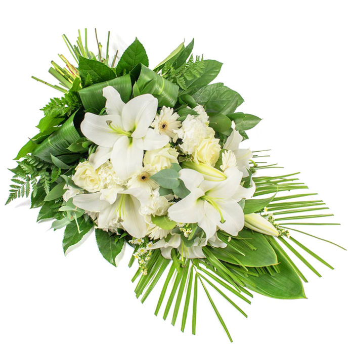 An elongated, contemporary funeral arrangement is photographed against a clean white background, its form stretching from a fuller upper section down to a tapered point, creating a gentle diagonal line. The composition is built around majestic white lilies, their trumpet-shaped blooms open wide so that each petal looks smooth and almost luminous, while some buds remain closed, suggesting ongoing remembrance beyond the service itself. Interlaced with the lilies are creamy white roses, some tightly furled, others starting to unfurl their layered petals, alongside soft white carnations and daisy-like blooms reminiscent of white Gerberas, each with a pale, almost ivory centre. Delicate white filler flowers are scattered throughout, giving a light, airy feeling as they peek between the more substantial blossoms. Behind and beneath the flowers, a lush canopy of greenery forms the structure: broad, glossy dark leaves provide weight, finer fern fronds add movement, and rounded eucalyptus leaves introduce a cooler note of blue-green. Near the top of the spray, slender green leaves are artfully folded and bound to create a neat, upright accent that anchors the design. From the lower right edge, a fan of narrow palm fronds extends outward in a striking arc, giving the arrangement its distinctive flowing, asymmetric silhouette. The overall effect is dignified and peaceful, well suited to funerals or memorials held in Canonbury churches or crematoria across North London. It feels like a thoughtful tribute one might see laid gently beside a casket after a quiet service, carrying messages of purity, respect, and gentle farewell.