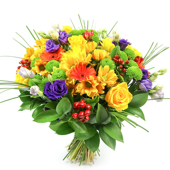 This striking bouquet, photographed against a clean white background, showcases a carefully crafted explosion of colour and texture that feels perfectly at home in Canonbury's creative, village-like atmosphere. The hand-tied arrangement is rounded and full, with no gaps, giving an impression of generous abundance. Dominant yellow tones come from classic roses and multi-layered chrysanthemums, their petals forming soft cushions of colour that radiate warmth and positivity. Interspersed among them are vivid orange gerbera daisies, instantly recognisable by their large, flat faces and darker centres, which bring a contemporary edge and a cheerful, almost playful character to the design. Threaded between these sunny tones are deep purple lisianthus blossoms, some fully unfurled like small, elegant roses, others just beginning to open; their velvety petals add depth and sophistication. Lime-green button chrysanthemums punctuate the bouquet with rounded, pom-pom shapes, their fresh hue echoing the greenery of nearby Canonbury gardens. Glossy, ruby-red hypericum berries cluster between the blooms, providing a striking accent and a tactile, almost bead-like texture. Around the base, a rich collar of broad, dark green foliage, likely ruscus, frames the flowers and anchors the composition, while slender blades of ornamental grass arc upward, adding movement and a gentle sense of wildness. The stems are gathered neatly and tied, suggesting they are freshly prepared and ready for delivery across Canonbury, Angel, and surrounding Islington streets. The overall effect is one of joy, celebration, and natural abundance, ideal for birthdays, anniversaries, new home gifts, or simply bringing the brightness of spring and summer indoors.