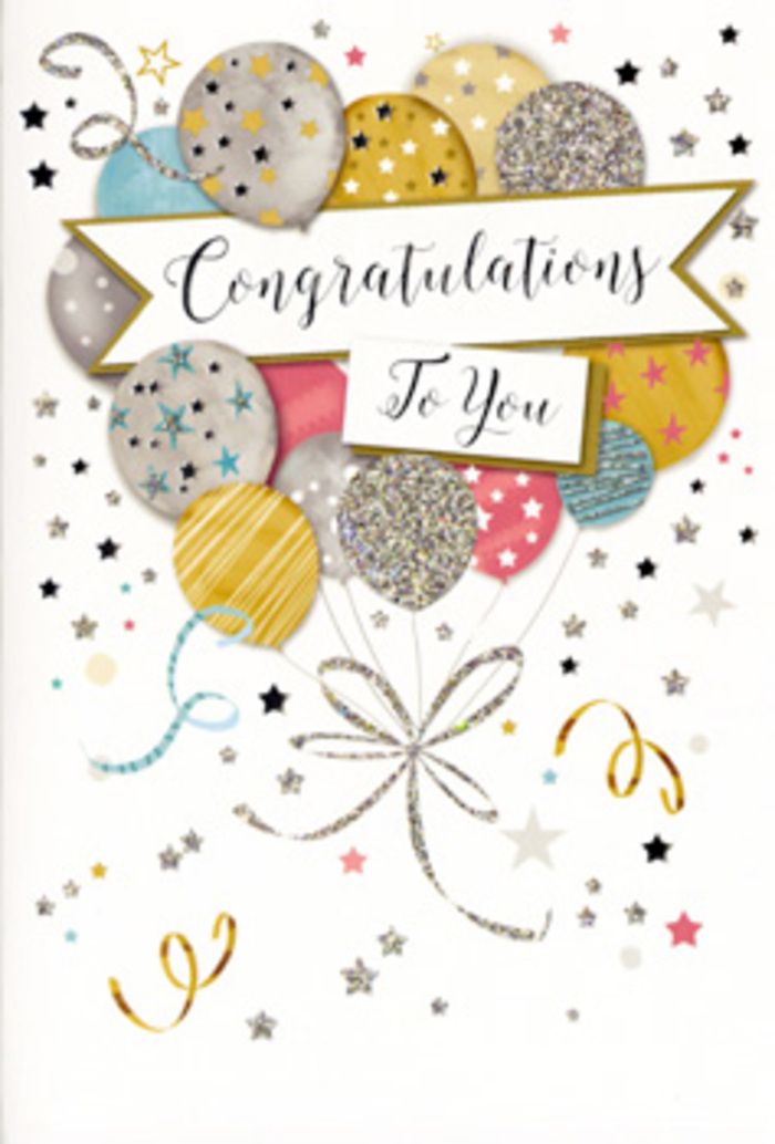 The congratulations card in this image feels like a moment of joy carefully staged, much like a thoughtfully arranged bouquet on a windowsill overlooking Canonbury's leafy terraces. A generous cluster of illustrated balloons rises from the lower section of the design, overlapping softly as they float upwards. The colour palette is harmonious and refined: shimmering gold and silver sit beside muted champagne, sky blue, blush pink, and soft grey, each balloon subtly different in size and pattern. Some feature slender, glittered stripes; others bear twinkling stars or tiny dots of metallic confetti, giving the entire arrangement a touch of sparkle without becoming overwhelming. All the balloons are anchored by an elegant set of curling ribbons, drawn in bright gold and silver tones that spiral downward in playful loops, as if stirred by a gentle breeze drifting across a Canonbury garden square. Scattered throughout the pale, almost creamy background are miniature stars, glitter flecks, and ribbon-like swirls that add a feeling of motion and spontaneous festivity, reminiscent of confetti tossed in the air at a celebration. Across the centre, a soft banner unfurls, carrying the phrase Congratulations To You in sophisticated, flowing calligraphy that suggests warmth, care, and genuine admiration. The lighting in the image appears soft and even, allowing the metallic accents to glint discreetly rather than blaze, giving the card an understated luxury. As a florist accustomed to pairing cards with bouquets for all kinds of milestones-promotions, graduations, and proud family moments along Essex Road-this particular design feels ideal for those achievements where joy runs deep but is expressed with elegance: a visual equivalent of a heartfelt, steady embrace rather than an exuberant shout.