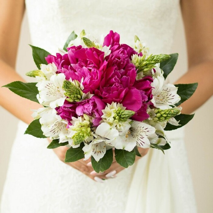 This photograph offers a detailed close-up of a bridal bouquet being held at waist height, the flowers set against the delicate texture of a white wedding gown that fades gracefully into the background, much like the soft blur of trees along New River Walk on a sunny day in Canonbury. The bouquet itself is a compact, rounded design, dominated by generous magenta and fuchsia peonies at the centre. Their petals are deeply ruffled and densely layered, forming a cushion-like heart to the arrangement that looks almost velvety to the touch. Interlaced with these bold blooms are white alstroemeria, each blossom opening into a star shape with slender petals subtly marked with maroon speckles and fine striping near the throat, bringing charming detail and a sense of delicacy. Threaded among the main flowers are distinctive, spiky green buds and small, upright florets, likely Ornithogalum or similar, adding linear texture and a fresh, citrusy green tone that makes the magenta peonies appear even richer. Encircling the entire composition, broad dark green leaves create a structured collar, their glossy surfaces catching the light and framing the bouquet in a natural, almost garden-like way, reminiscent of the greenery tucked between Canonbury's period houses. The bride's hands are visible at the base of the bouquet, fingers gently wrapped around the stems, with nails painted in a pale blush polish that echoes the romantic mood of the flowers. The lighting is soft and natural, with no harsh shadows, allowing every petal, speckle, and leaf to be clearly seen. The image conveys a feeling of joyful celebration and polished elegance, the kind of vibrant, textural bouquet that might be chosen for a spring or summer wedding crafted by a florist who understands Canonbury's quietly stylish character and love of colourful blooms.