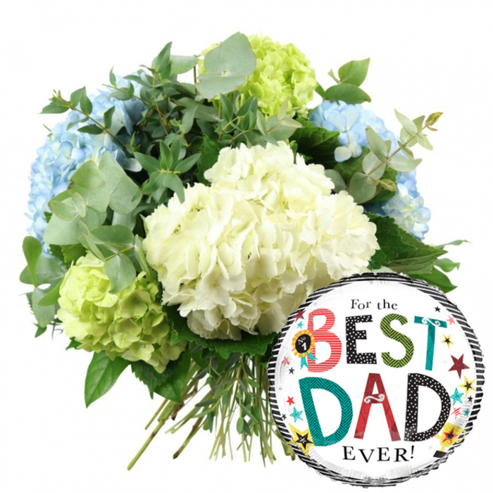 This clean, white-background photograph showcases a charming Father's Day gift combination: a lush hydrangea bouquet and a bright For the BEST DAD EVER! foil balloon, styled with the understated elegance you would expect from a Canonbury florist. The bouquet fills the upper left portion of the frame, its rounded silhouette composed of generous, spherical hydrangea heads. At the centre, creamy white blooms dominate, their tiny, overlapping petals forming soft cushions that seem almost cloud-like. Nestled amongst them are several light blue hydrangeas, their cool pastel tones adding calm and balance, like a quiet stroll past the tree-lined streets near Canonbury Square on a clear day. Around the edges and peeking through the centre, lime green hydrangeas bring a playful, invigorating splash of colour, brightening the composition without overwhelming it. Between the hydrangeas, sprigs of silvery eucalyptus and deep green foliage provide contrast and movement, the rounded and elongated leaves helping to break up the large flower heads and giving the bouquet that freshly gathered, garden-inspired character. The stems are visible towards the bottom, neatly aligned and tied, unmistakably hand-tied and ready for same-day delivery to homes and studios across Canonbury. On the right-hand side, tucked slightly behind the stems yet still prominent, a round foil balloon adds a festive touch. It has a white central field bordered with stylish black-and-white stripes that run along the top and bottom edges, providing a bold frame. In the centre, the message For the BEST DAD EVER! stands out, with BEST and DAD rendered in a lively mix of patterned and solid colours-red, teal, green, black, and polka dots-surrounded by scattered stars and tiny dots in yellow, red, teal, and black that mimic confetti. A small No. 1 rosette graphic nestles close to the word BEST, underscoring the sense of admiration. The overall mood is celebratory yet tender, an ideal floral and balloon pairing to celebrate a father figure in Canonbury, whether for Father's Day or any occasion where heartfelt thanks need a joyful visual voice.