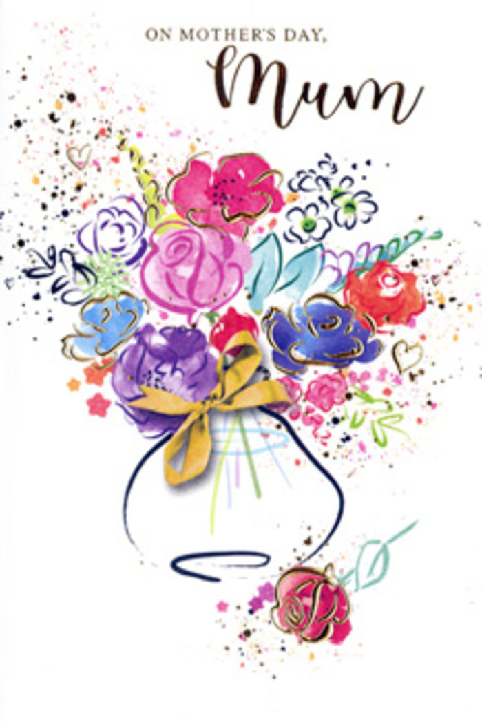 This Mother's Day card design portrays an exuberant, painterly bouquet that feels both artistic and deeply personal, as if someone in Canonbury has poured their feelings onto paper using only flowers and colour. At the centre, a cluster of hot pink and cerise blooms rises confidently, each petal brushed with loose, expressive strokes and defined by slender lines of deep indigo. Around them, softer washes of apricot, lilac, and gentle blue mingle with hints of fresh chartreuse green, creating the suggestion of leaves and smaller blossoms weaving in and out of the composition. Fine threads and tiny dashes of gold highlight certain petals and contours, catching the eye like small sparks of light you might notice on a bouquet displayed near Canonbury station in soft afternoon sun. The flowers are gathered into a whimsical vase, its rounded silhouette painted in pale tones and cinched with a neat golden bow, mirroring the care a florist takes when tying the final ribbon on a hand-crafted arrangement. The background remains mostly white but is alive with playful splashes of colour and delicate little heart motifs, scattered as though emotions have overflowed beyond the bouquet itself. The entire piece feels like a sketch come to life-loose, spontaneous, yet carefully balanced-conveying gratitude, admiration, and the layered bond between mother and child. It reads as a keepsake, a bouquet that never wilts, ideal for pairing with fresh flowers delivered to a quiet Canonbury garden flat or a characterful house near New River Walk on Mother's Day.