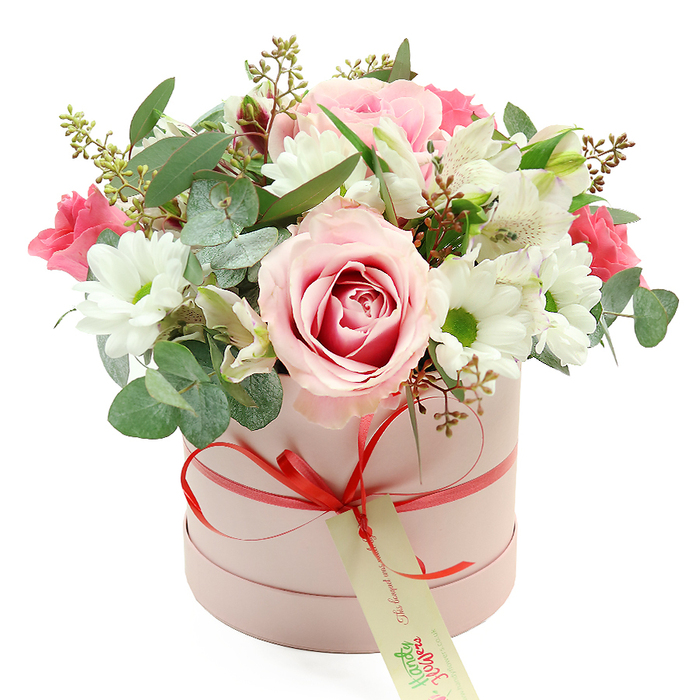 A sophisticated floral hatbox arrangement is photographed against a pristine white background, allowing every soft shade and detail to stand out as clearly as a well-tended garden off Canonbury Place. The container is a round, light pink hatbox with a velvety matte finish, its cylindrical shape clean and modern. Around its lower edge is a slim, coral-red satin ribbon, wrapped precisely and tied into a modest, tidy bow at the front. Suspended from this bow is a cream-coloured tag with delicate green script, the kind you might see on a thoughtful, hand-delivered bouquet arriving at a Canonbury townhouse. Above the rim of the box, the flowers gather into a generous, dome-shaped display, overflowing in a way that feels both abundant and expertly controlled. At the centre of the composition rests a large pale pink rose with a richer pink swirl in its heart, each velvety petal layered open to reveal a classic spiral form. This main rose is surrounded by clusters of white chrysanthemums, their daisy-like faces and lime-green centres lending brightness and a touch of innocence to the design. Threaded through these are white alstroemeria, easily recognised by their slender, trumpet-like blooms and fine freckles on the inner petals, alongside deep pink blossoms-possibly spray roses or lisianthus-that punctuate the softer tones with jewel-like colour. The arrangement is woven with a mix of foliage: cool, rounded eucalyptus leaves in silver-green, deeper green leaves for contrast, and small sprigs tipped with tiny green buds, adding texture and a sense of living growth. The overall impression is of a romantic yet versatile gift, perfect for Mother's Day brunches in local cafés, quiet celebrations at home, or same-day flower delivery across Canonbury, Highbury, and nearby parts of North London.