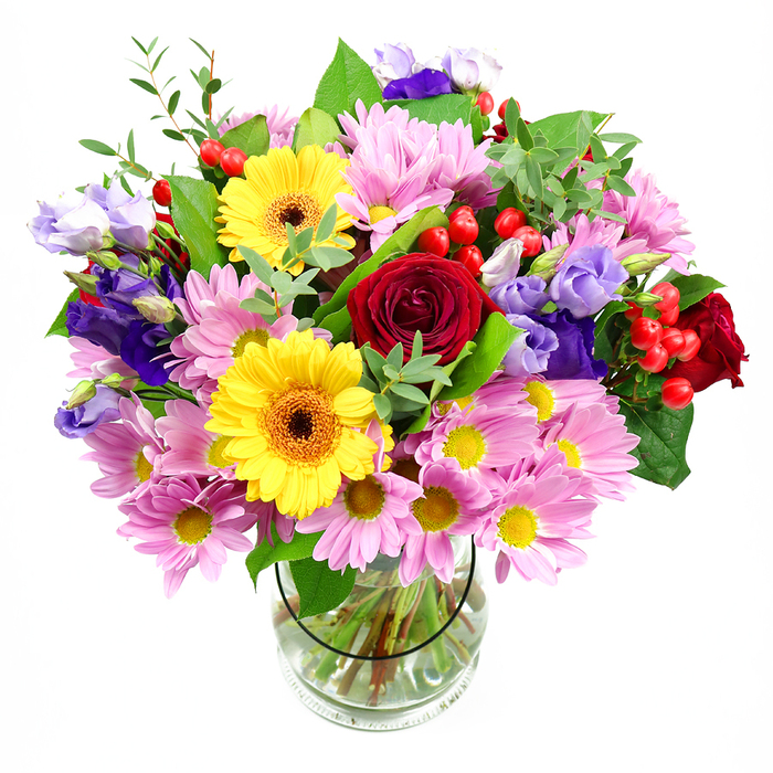 In this image, a lush mixed bouquet bursts from a clear glass vase, its colours amplified by the pure white background behind it. The composition centres on several deep red roses, their velvety petals layered in tight, romantic spirals that give the whole design a sense of depth and intimacy. Just off-centre, two large yellow gerbera daisies hold their faces high, each with a dark, sienna-toned centre that creates a strong, almost graphic focal point. Around these stars, soft pink daisy or chrysanthemum blooms spread in generous clusters, their fine petals and sunny yellow middles forming a gentle halo that lightens the overall palette. Woven through the arrangement, bell-shaped lisianthus flowers in rich purple and pale lavender add cool, sophisticated notes and a touch of graceful movement, their buds and open blooms creating a pleasing rhythm. Nestled discreetly between the petals, rounded red hypericum berries catch the light with a smooth, glossy sheen, bringing an unexpected layer of interest and texture. A variety of green foliage ties everything together: broad, dark leaves give structure and contrast, while lighter, more delicate stems soften the outline and hint at the freshness of a garden walk through Canonbury's quiet back streets. The transparent vase reveals straight, carefully cut stems resting in crystal-clear water, evidence of professional care and attention. This bouquet feels ready to take pride of place on a kitchen table in a Canonbury townhouse or in a flat near Upper Street, ideal for joyful occasions like birthdays, new home celebrations, or simply for lifting a loved one's spirits after a long week.