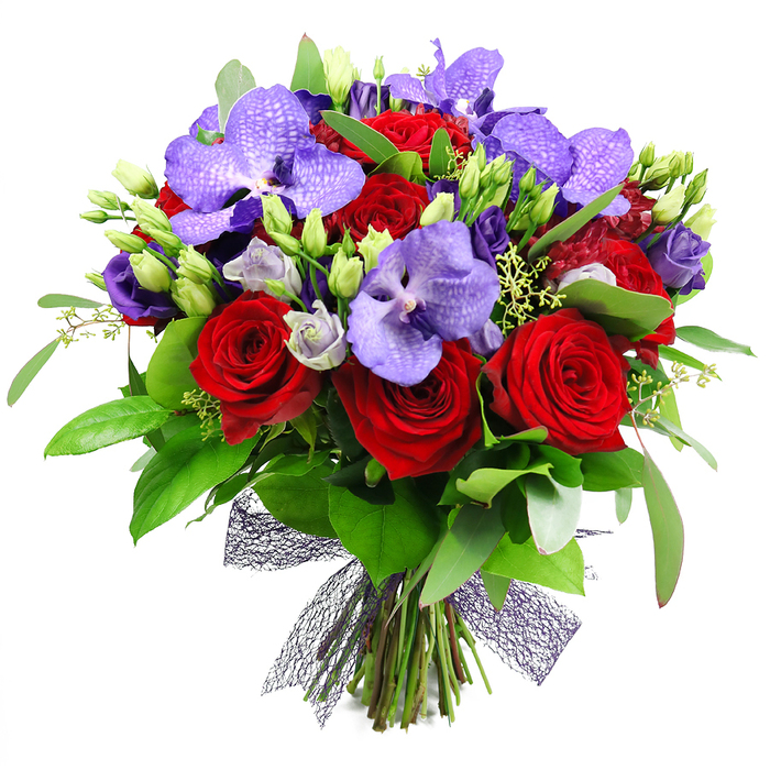 An opulent, hand-tied bouquet that speaks of romance and sophisticated floristry, perfectly positioned against a clean white background. The composition glows with deep red roses and majestic purple Vanda orchids, their petals lush and velvety, with the orchids' speckled patterns adding exotic intrigue. The smaller Lisianthus in pale purple weave through, their buds and open blooms providing a soft contrast and a sense of lightness. The greenery is abundant-a tapestry of broad, glossy dark-green leaves and slender, airy stems that give volume and a natural forest-like depth. Fresh buds and tiny filler sprays peek through the arrangement, hinting at ongoing growth and vitality. The stems are gathered at the base and secured with a dark, nearly black mesh ribbon that forms a contemporary, open-weave bow, a stylish counterpoint to the lush blooms. This luxurious display feels well-suited to anniversaries, milestone celebrations, or heartfelt thanks, offering a dramatic focal point for a room or event. Available for same-day delivery across Canonbury, Islington, and nearby north London neighborhoods, it brings luxury, artistry, and a sense of refined taste to the recipient's home.