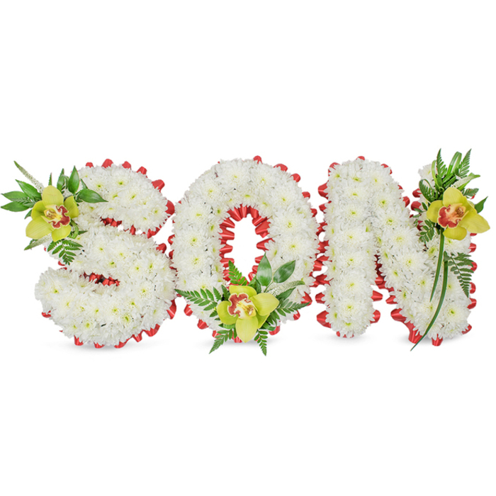 A meticulously made memorial arrangement spells the word SON in full capital letters, each letter sculpted from a dense mass of small, snowy white chrysanthemums that lend the shapes a round, cloud-like fullness and a serene visual gravity. The letters are edged with a continuous sash of bright red ribbon, folded into neat scallops that create a decorative rim and a striking chromatic contrast against the immaculate white blooms. Three lime-green cymbidium orchids punctuate the design-positioned at the S's upper left curve, at the O's inner base and at the N's upper right stroke-each orchid showing subtle yellow-green petals and a reddish-brown throat that reads as a warm, human note within the arrangement. Surrounding the orchids, and woven through the letters' contours, are glossy elongated leaves and feathery fern fronds which introduce vertical lines and a natural, garden-like texture, softening the letters' architectural form. The composition sits on a clean white plane, illuminated by soft light that reveals the chrysanthemum petals' delicate ridges and the orchids' waxy sheen; the green foliage provides fresh contrast and the whole design breathes a quiet dignity. Suitable as a chapel spray, graveside tribute, or funeral service focal piece for families in Canonbury, Canonbury Square or along New North Road, this handcrafted tribute speaks of careful floral workmanship, proportion, and the tender intention to honour and remember a beloved son with grace.