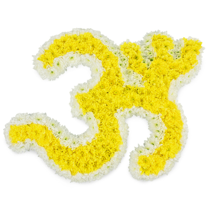 A striking funeral tribute in the form of the sacred Om symbol is composed entirely of fresh yellow and white flowers, presented on a flawless white background that allows every detail to be clearly seen. The main strokes of the Om are built from hundreds of small yellow blooms, their rounded heads pressed closely together to form a dense, plush surface that moves in harmonious curves. The lowest arc, the inner loop, the upward sweep, and the delicate crescent are all faithfully rendered in this golden hue, radiating warmth and a sense of spiritual energy. Encircling each stroke is a narrow yet precise border of white flowers, forming a soft halo that defines the character and emphasises its flowing calligraphic lines, including the small separated dot shape above the main figure. The lighting is bright and uniform, giving the yellow a sunny vibrancy while allowing the white petals to maintain a gentle, almost cloudlike softness. From a florist's eye, the workmanship is impeccable: the flowers are evenly spaced, the edges clean and consistent, and the overall symmetry well balanced, suggesting many careful hours of design and placement. It is easy to imagine this thoughtful tribute being delivered to a temple service in Canonbury, placed in a meditation space near Highbury Fields, or used to honour a loved one whose life was rooted in Hindu traditions. The piece speaks of devotion, remembrance, and quiet strength, its floral Om symbol offering a moment of peace and spiritual grounding to anyone who pauses to contemplate it.