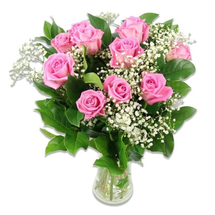 In this image, a classic bouquet of pink roses and baby's breath sits neatly arranged in a clear glass vase, positioned against a spotless white background that highlights its gentle, celebratory charm. Around ten to twelve roses form the heart of the design, each one displaying layers of velvety petals in shades of warm blush, ballet-slipper pink, and deeper rosy tones closer to the centre of the blooms. Some roses are fully open, revealing intricate whorls and a soft, cupped shape, while a few remain partially closed, giving the arrangement a natural rhythm and sense of unfolding life, much like the early days with a newborn. Sprays of white baby's breath weave in and out among the roses, their tiny clustered blossoms creating a fine, cloud-like texture that softens the bouquet's silhouette and adds a sweet, almost storybook innocence. Surrounding the flowers, glossy dark green leaves add structure and contrast, their rich colour echoing the feel of Canonbury's leafy residential streets and small private gardens. The stems can be clearly seen through the simple cylindrical vase, standing in a pool of clear water that catches the light and underscores the freshness of the cut flowers. Soft, even illumination bathes the bouquet, subtly picking up the delicate textures of each petal and the airy sprigs of Gypsophila, without casting harsh shadows. The arrangement feels polished yet approachable, the kind of baby-themed gift a Canonbury family might have delivered to celebrate a new son or daughter, a christening, or a first birthday-a tender, fragrant gesture that brings a little of the outside world's beauty into the calm of a family's home.