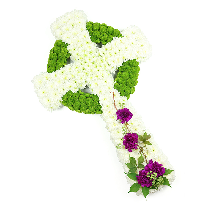 A striking Celtic cross funeral arrangement, crafted with meticulous care, is displayed diagonally from top left to bottom right against a brilliant white background, giving it a sense of presence and poise. The structure of the cross is built up from a dense layer of pristine white chrysanthemums, each small bloom facing upwards so that together they form a soft, pillowy surface across the vertical and horizontal arms. These white flowers offer a feeling of purity and calm, reminiscent of quiet moments in Canonbury's tree-lined streets and the stillness of nearby churchyards. Encircling the point where the arms meet, a bold ring of lime-green button chrysanthemums forms the iconic halo of the Celtic cross. The green blooms are carefully arranged in rounded clusters, threading through the design to trace out knot-style motifs and gently curved lines, creating a sense of movement and continuity against the steady white base. Towards the lower half of the cross, three sumptuous clusters of deep purple carnations are positioned with intention, their ruffled petals and rich colour standing out dramatically, symbolising devotion, respect and deep affection. Slim sprigs of dark green foliage and elegant, curling tendrils weave around these purple flowers, softening the shape and adding a natural, almost wild grace, as if the cross had been laid beneath a canopy of leaves. The lighting is bright and even, revealing the three-dimensional contours and the crisp edges of the floral work. This arrangement, ideal for services in and around Canonbury and wider Islington, feels both rooted in Celtic heritage and perfectly suited to modern memorials, offering a gentle yet powerful expression of remembrance and faith.