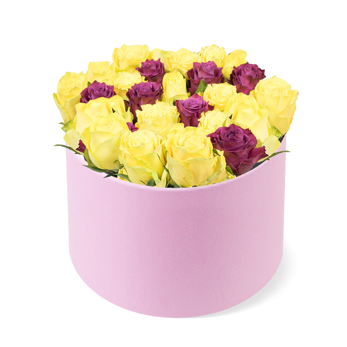 A beautiful and vibrant floral arrangement is presented in a luxurious, round pastel pink box from Canonbury Flowers, set against a pristine white background that makes every petal glow. The centerpiece is densely packed with numerous fresh roses, predominantly bright, sunny yellow blooms whose cheerful hue radiates optimism and warmth. Interspersed throughout are deep purplish-red or burgundy roses, offering a regal counterpoint that enriches the composition with depth and sophistication. The roses are arranged tightly, filling the box completely and slightly mounding above the rim, underscoring abundance and the craftsman's careful hand. Only a touch of green foliage peeks through, allowing the vibrant tones to dominate and the box's soft, velvety exterior to remain the focal point. The container's rounded edges and soft-touch finish contribute to a premium, gift-ready feel, ideal for luxury deliveries and memorable occasions. The photograph's elevated angle captures the petal texture-the gentle spiral of each bloom, the subtle sheen on the petals, and the way the colors bounce against the white backdrop. For Canonbury patrons planning birthdays, anniversaries, or heartfelt surprises in North London's Canonbury, Islington, or Highbury areas, this bouquet communicates celebration with elegance. It's a refined, contemporary testament to how joyful yellow can harmonize with deep purple, delivering warmth, elegance, and a touch of couture for the modern home.