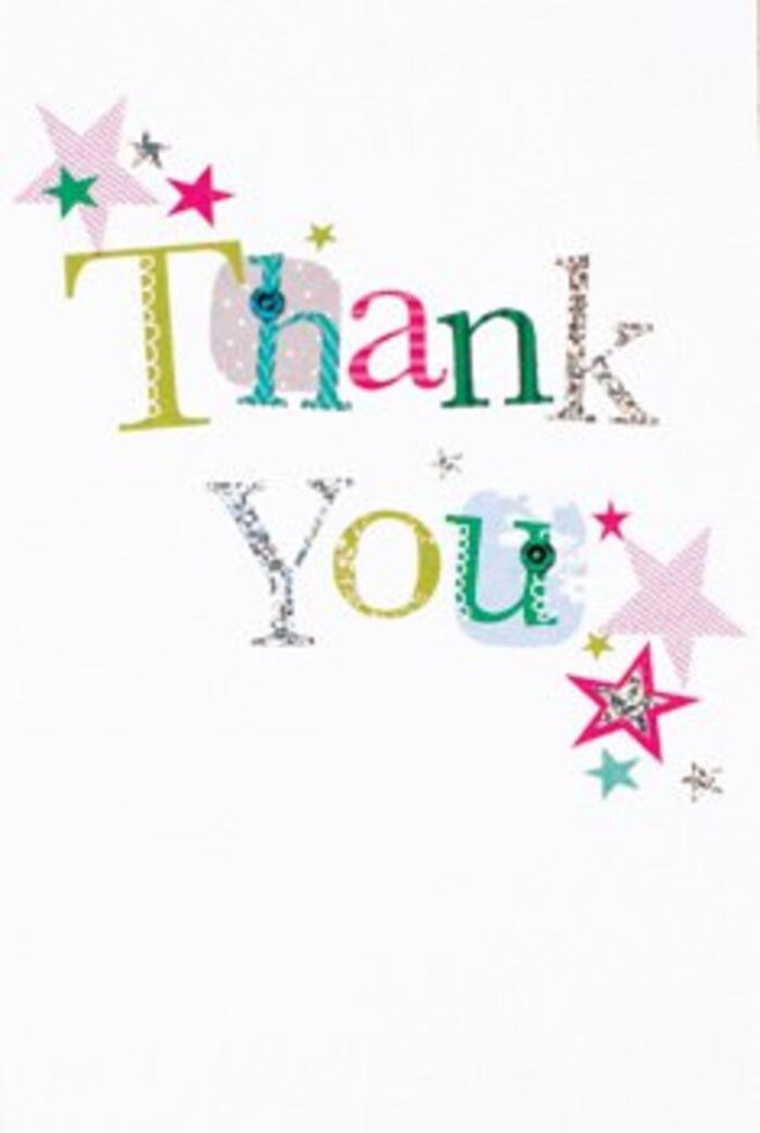 There is a quietly exuberant grace to this thank-you card: each letter of 'Thank You' carries its own little character-lime green with a jaunty tilt, fuchsia patterned with polka dots, cool blue rendered in a smooth, musical curve-so the message reads like a short, bright melody. Some letters are highlighted with a soft silver gleam, others bear tiny stitched details that catch the eye and imply the human hand behind the design. Scattered stars cluster near the message-some streaked with sparkling pink, others saturated in deep turquoise or rimmed with a warm metallic silver-and these celestial motifs feel like the paper's small blessings. The white field of the card is pristine and generous, set off by a subtle textured card stock that the camera renders almost tactile; a pale, diffused light-akin to dawn over Essex Road-lifts the glints of glitter and the raised stitches so that they cast faint, flattering shadows. As a florist working in Canonbury I picture this card slipped into bouquets returned from Chapel Market or left with a bunch of early-season peonies on a doorstep near Canonbury Square: its brightness answers the flowers' cheer and its craftsmanship complements hand-tied stems and ribbon. The design strikes a sophisticated, modern note-neither too formal nor too cutesy-making it suitable for a thank-you that needs to feel sincere, celebratory and gently stylish in equal measure.