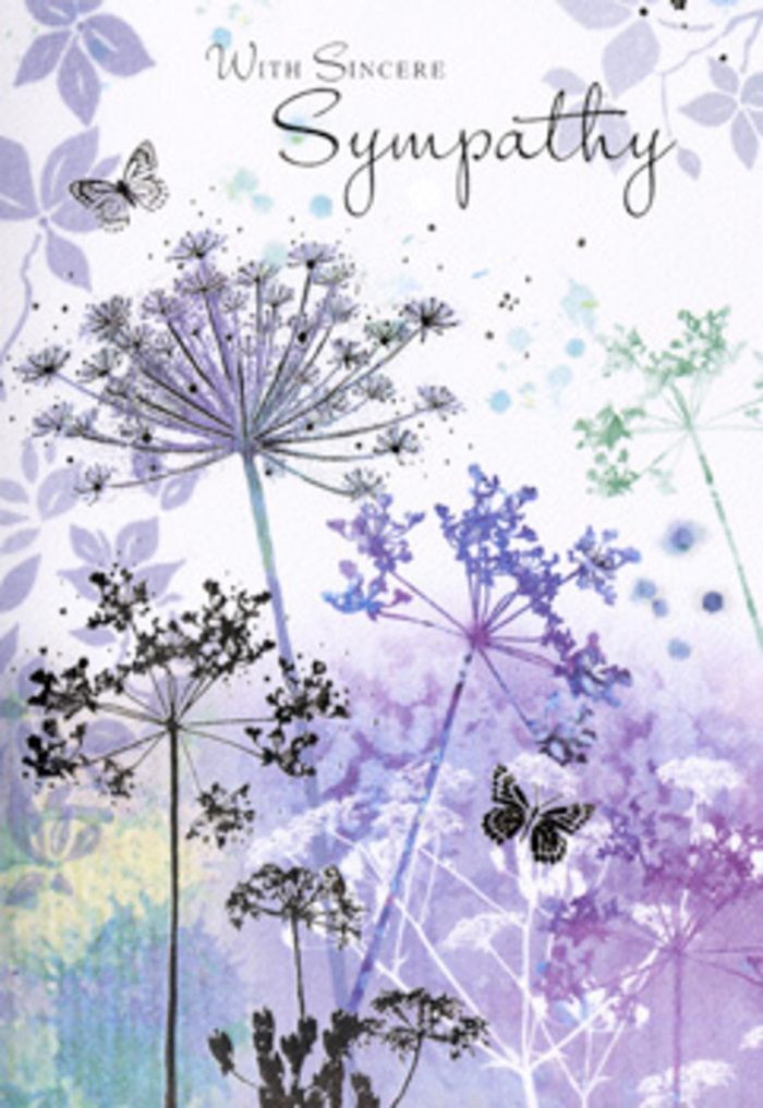 The design of this sympathy card evokes the peaceful corners of Canonbury on a still, overcast afternoon, when colours soften and details become more tender. Against a pale, hazy backdrop of powdery violet, muted lilac, and foggy blue, tall umbelliferous blooms stretch gracefully skyward, their stems as fine as pencil lines and their clustered heads drawn like lace. Every flower appears hand-etched, with filigree details that suggest wild umbellas you might notice along a quiet walkway near New River or the gardens tucked behind period houses. The watercolour background is gently blurred, with silvery greens and purples melting into one another, creating an atmosphere that feels both spacious and intimate, like a pause taken for a deep breath. Light seems to filter through a thin veil of clouds, softening edges and adding a subtle glow around the blooms. A pair of butterflies hover above the wispy petals, rendered in faint lavender and blue, their presence a gentle symbol of continuity and the unbroken thread of memory. There is no bold text or crowded imagery, only an elegant, balanced composition that allows emotion to unfold slowly. The overall effect mirrors the kind of quiet, respectful tributes Canonbury florists create for local funerals and memorials-a visual embrace that acknowledges sorrow yet offers a moment of rest, calm, and heartfelt sympathy.
