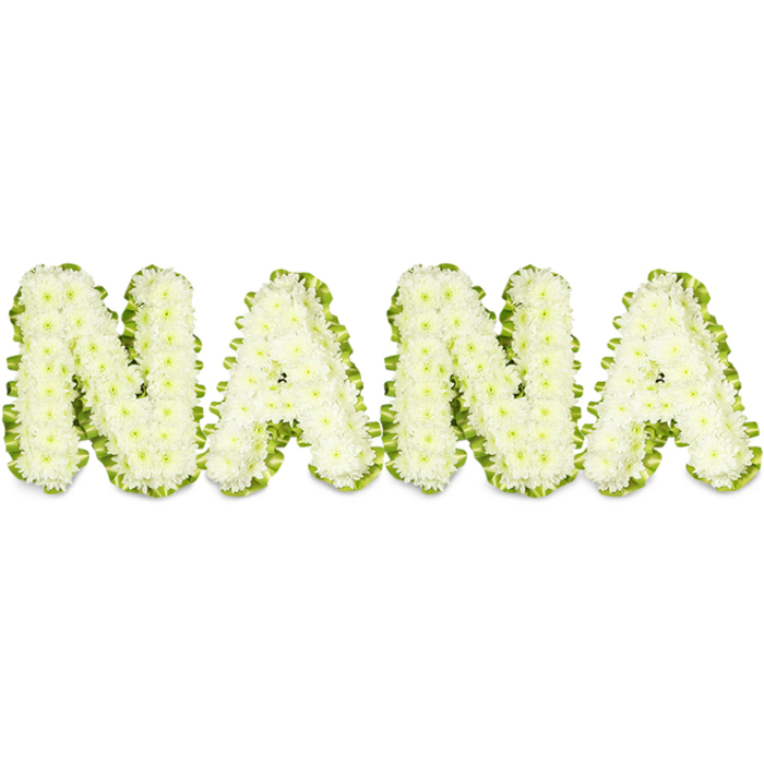 A poignant, three-dimensional tribute spells NANA in large capital letters, each letter assembled from hundreds of tightly packed, pristine white chrysanthemum blooms that form a full, sculptural surface. The small, delicate petals of the button chrysanthemums sit so closely together that each character reads as a single, soft-white mass, rounded and substantial under bright, even lighting. A vivid green outline-arranged foliage or a carefully folded satin ribbon-traces the perimeter of every letter, the fresh green acting as a crisp visual frame that sharpens the white blossoms and enhances legibility from a distance. The overall impression is one of solemn respect: the cool purity of white paired with lively green suggests peace and renewal, a classic sympathy palette chosen to honour a beloved grandmother or matriarch. Up close the workmanship is apparent: blooms are pinned into a supportive foam core, stems trimmed and tucked to create smooth contours, and the green trim pleated with long, steady hands. There is a subdued floral scent, the clean, green sweetness of fresh chrysanthemums lifting into the air in a way that quietly fills a small chapel or memorial hall. As a local florist in Canonbury, Canonbury Flowers often prepares similar designs for services at nearby churches and crematoria or for delivery around Essex Road and the surrounding Islington streets, where families request a design that balances dignity with tender remembrance. This piece reads as both tribute and comfort, crafted to hold memory with gentle care.
