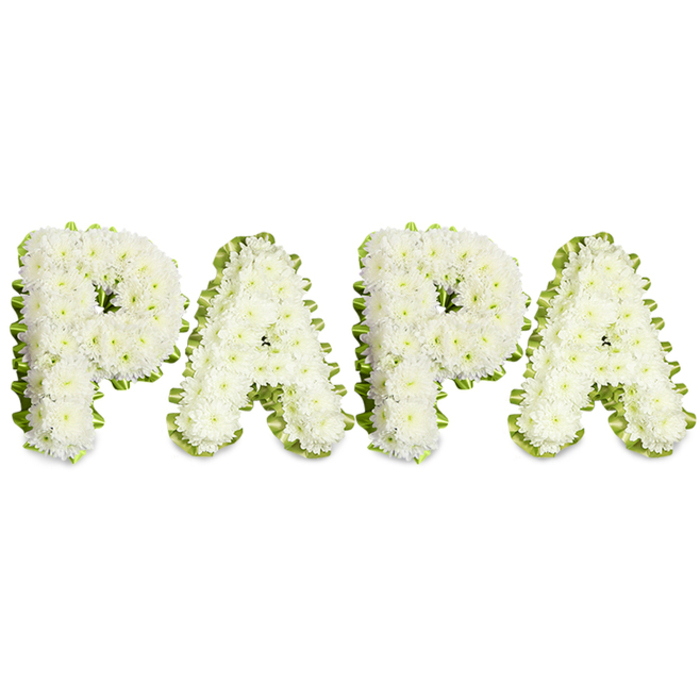 An elegant sympathy tribute forming the word PAPA in four bold uppercase letters, each letter sculpted from thick clusters of immaculate white spray chrysanthemums or similar delicate blooms. The effect is both soft and formal: each letter's face is slightly domed, the tiny petals overlapping to create a plush, textured surface that invites a gentle touch. Around the edge of each character a soft, pale green trim-either a folded ribbon or closely clipped foliage-runs in a slow, undulating line, subtly defining the letters and giving them a fresh, living frame. The arrangement sits against a pristine white ground under even, neutral lighting that lifts the natural cream notes in the blooms and casts fine, flattering shadows that accentuate the letters' contours. The scent is light and comforting-green, faintly floral-appropriate for a chapel or graveside moment of reflection. Laid out in a harmonious horizontal row, this personalised floral lettering reads clearly for mourners gathered at a service and conveys a sense of calm, dignity, and devotion. As a craft piece aimed at honouring a father or grandfather, it uses the classic white-and-green palette to communicate peace and remembrance. Crafted by skilled hands familiar with local needs, this kind of tribute is often chosen for services around Essex Road, Newington Green and other Islington venues where families seek a respectful, personal farewell.
