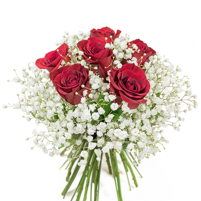 A classic romantic arrangement: roughly 18-20 rich red roses clustered into a domed, compact bouquet and set in a clear glass vase so the long, green stems show through the water like the supporting lines of a painting. Each rose displays its velvety petals in full, unfurling spirals that glow with deep crimson under soft, even lighting, while the abundant baby's breath (Gypsophila paniculata) fills the gaps with tiny, cloud-like white blooms that lift and lighten the composition. The tactile contrast is immediate - smooth, dense velvet against whisper-light sprays - and the bouquet feels multi-dimensional when seen or held: weighty at the crown yet airy at the edges. Against a pristine white background the colours feel intensified, the reds appearing richer and the whites purer, like an intimate portrait taken beside Essex Road or under the dappled shade of Canonbury's plane trees. The scent is understated, a gentle rose perfume threaded with fresh green notes, inviting quiet reflection or joyful celebration. This design is a versatile declaration of love and devotion: an apt choice for anniversaries, Valentine's Day, or to bring warmth to a birthday or romantic surprise. Made with precision and a subtle understanding of balance, the bouquet conveys classical romance while remaining approachable and modern - a piece that comforts and delights in equal measure.