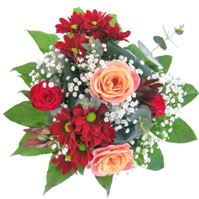 A testament to floral artistry in Canonbury, this remarkable arrangement dazzles with its interplay of shape, hue, and light. Dramatic, velvety red chrysanthemums and rosebuds set a passionate stage, their deep tones echoing the vibrant blooms found at village flower stalls. Interwoven among them, soft peach roses offer gentle warmth, acting as a visual balm and inviting a lingering, affectionate gaze. Clouds of white gypsophila slip gracefully between each stem, like scattered pearls on silk, enriching the bouquet with airy elegance and a touch of movement reminiscent of breezes passing through Canonbury Gardens. Presented in a crystal-clear vase, the composition sits poised and elevated-bringing a distinctly modern feel to any table or windowsill in local Georgian homes. The tactile blend of silky petals, sturdy greenery, and feathery gypsophila inspires a sense of comfort and kinship, as though receiving a loving embrace. Perfect for marking new beginnings, celebrating milestones, or expressing deep appreciation, this bouquet is a thoughtful creation, reflecting the heartfelt intent and expertise of a true Canonbury florist. With each element carefully considered, it becomes a bridge between aesthetic grace and genuine sentiment.