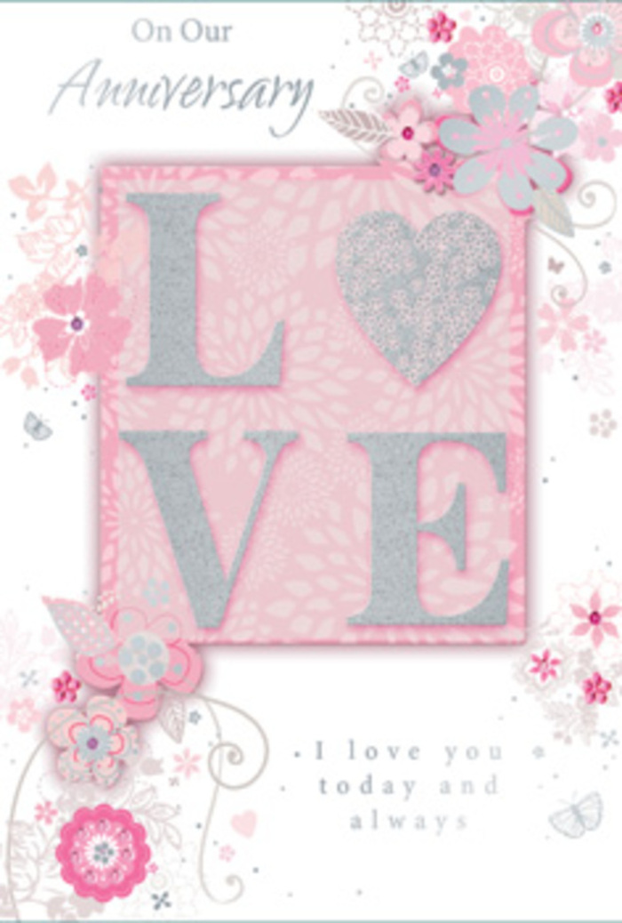 This anniversary card is composed like a delicate arrangement, its colours and lines evoking the serene charm of a Canonbury garden in spring. Central to the design is the word LOVE, each letter gently raised from the surface in a frosted, glittered finish that looks almost like sugared petals. Blush pink tones deepen towards the edges of the letters, framed by soft pearlescent whites and discreet glints of silver that catch the eye as though lit by a shaft of afternoon sun through townhouse windows near Canonbury Square. Around this central word, wispy, hand-drawn flowers and trailing sprays wander across a background washed in pale, romantic pink. The blooms are suggested rather than rigidly defined, with fine line work and shaded washes of mauve, blush, and ivory that feel akin to the loose, graceful bouquets we tie for anniversary deliveries around Islington's calm side streets and the paths leading toward Highbury Fields. Slender leaves and filigree flourishes weave through the blossoms, their curves gentle and flowing, while subtle butterfly motifs seem to hover at the edges, barely there, like fleeting moments of joy shared over the years. Graceful script carries messages such as I love you today and always, the lettering understated yet heartfelt, mirroring the quiet sincerity of a long-standing partnership. The card gives the impression of soft texture and layered craftsmanship, as though each element had been placed with the same care Canonbury florists use when tucking the final stem into an anniversary bouquet, creating a piece that feels deeply personal, tender, and timeless.