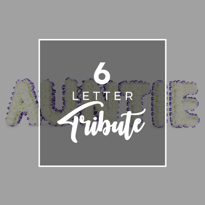This six-letter tribute from Canonbury Flowers is a quietly powerful homage to a much-loved Auntie. Each letter forms a generous, rounded block of small white chrysanthemums, the petals arranged to create a soft, cloud-like tapestry. The white is pure and luminous, set off by a finely drawn purple border tracing every edge, a subtle frame that adds depth without overpowering the pale blooms. The letters stand tall against a neutral gray backdrop, their freestanding construction giving the piece presence and dignity. In the center, a white square overlay rests like a quiet emblem, and within it the text sits with care: a bold 6, followed by LETTER in a clean sans-serif, then Tribute in an elegant script. The overlay's slightly softened gray panel ensures legibility while preserving the piece's serene mood. The overall effect feels timeless-classic florals, refined styling, and a sense of calm suitable for a church, chapel, or family sitting room after a service. The fragrance is light and clean, the petals inviting a gentle touch in memory. For Canonbury families seeking a thoughtful, respectful tribute to a cherished Auntie, this arrangement offers a sincere message of affection and remembrance. Canonbury Flowers serves Canonbury and nearby areas with dependable delivery, making this six-letter memorial a timely, comforting presence for services, wakes, or home vigils.