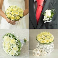 Set against the crisp contrast of a black lapel and a vivid red tie, this boutonnière reads like a tiny, carefully composed poem. At its heart sits a single pale yellow rose, its petals densely velvety and curled inward with the poise of a miniature bloom, offering a gentle, restrained brightness. Around it, delicate sprigs of baby's breath add a whispery halo, while slivers of slender greenery introduce a fine-meshed texture that keeps the pin subtle and refined. The tactile contrast is a pleasure to imagine: the soft cushion of the rose against the smooth fabric of the lapel, the airy feathery touch of gypsophila, and the crisp twist of a white ribbon binding the stems-small details that make the piece feel handcrafted and thoughtfully designed.

The lighting in the image is soft and natural, the kind of daylight you find filtering into a Canonbury home on a calm morning, which highlights the rose's pale tones without harsh shadows. The boutonnière communicates a composed sincerity-perfect for the groom or a close family member wanting something understated yet expressive. It reads as both a fashion touch and a fragrant talisman: quietly scented with the faint, honeyed note of fresh rose and carrying the small ceremony of preparation that local weddings in the area cherish. Imagining it pinned on at the corner of St Paul's Road or before a walk through nearby Chapel Market, the piece feels at once personal and celebratory-an intimate accent for a memorable day.