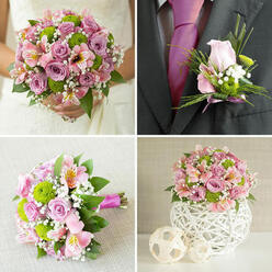 This four-panel wedding collage captures a cohesive floral theme in soft pinks, lilacs, and fresh greens, the sort of thoughtful styling often requested by Canonbury couples planning a ceremony near New River Walk. In the top-left image, a bride in a classic white lace wedding dress holds a lush, round bouquet. The design overflows with pale pink and lavender roses, some tightly furled, others fully open, surrounded by bright green button chrysanthemums, gentle pink alstroemeria dusted with tiny yellow freckles, airy white baby's breath, and polished green foliage. The top-right panel focuses on the groom's charcoal-grey suit, where a carefully crafted boutonniere is pinned beside a bold fuchsia tie. This miniature arrangement uses a single light pink rosebud, touches of green chrysanthemum, sprigs of gypsophila, and fine blades of decorative grass, all tied together with a pink ribbon that quietly links back to the main bouquet. Below left, a similar hand-tied bouquet lies horizontally on a light beige, linen-like surface, its stems bound in fuchsia ribbon, revealing the tight spiral of roses and the playful placement of chrysanthemums, alstroemeria, and baby's breath. In the lower-right image, a matching centerpiece sits on a white tabletop: a compact dome of pink and lavender roses, green chrysanthemums, pink alstroemeria, and gypsophila nestled in a white spherical vase with an intricate woven lattice texture. Two small, pale decorative spheres sit alongside it, suggesting how the same floral palette can be echoed across reception tables in a Canonbury townhouse or a tucked-away venue near Upper Street.
