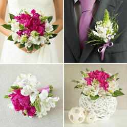 A four-part collage presents a complete wedding flower story, each frame harmonised by magenta-pink peonies, white alstroemeria, and fresh green foliage, in a style that would feel perfectly at home at a Canonbury town hall ceremony or a nearby garden reception. In the top-left image, the bride is shown from the shoulders down in a strapless white gown, holding a generous, rounded bouquet. Her fingers, adorned with a fine engagement ring, curl gently around stems wrapped in ribbon while the blossoms spill outward: deep fuchsia peonies with layer upon layer of velvety petals, white alstroemeria flecked with soft maroon streaks, and spiky pale green flowers, all cushioned in rich, dark green leaves. The overall look is vibrant yet classic, with a soft, romantic glow as if photographed in late-afternoon light. The top-right frame draws closer to the groom's charcoal suit. His lavender tie is smooth and neat, and on his lapel sits a refined boutonniere: petite white alstroemeria blooms, tiny green textural flowers, and polished foliage, tied with a lavender satin ribbon that precisely echoes his tie, adding a crafted, cohesive touch. Below, the left-hand panel shows a smaller bouquet resting on a lightly textured beige surface. It mirrors the bridal bouquet but on a more modest scale, ideal for bridesmaids or for the bouquet toss, with its vivid peonies, white lilies, and green accents secured with a lively lavender ribbon around the stems. The bottom-right panel completes the scene with a wedding table centrepiece: the same flower mix, closely gathered into a white woven spherical vase whose crisscrossing strands give a handmade, sculptural feel, accompanied by three smaller beige woven orbs. Together, these images demonstrate how a consistent floral palette can weave through every part of a Canonbury celebration, from personal flowers to reception décor.