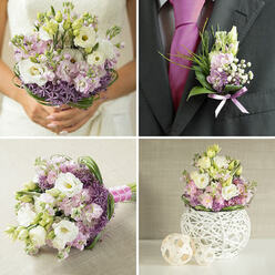 On a polished wedding table that might easily belong to a chic Canonbury restaurant just off Upper Street, a compact yet overflowing flower arrangement rests in a bright white wicker vase. The vase itself is sculpted with a clean, contemporary weave, offering a neutral stage for the cool, romantic colours rising above it. Cream-toned lisianthus form the heart of the design, their ruffled petals layered like soft folds of satin, each bloom opening just enough to reveal its creamy centre. Woven through these are pale pink stocks, their tiny clustered flowers adding a cloudlike fullness and a sense of gentle movement, as if a light breeze had just brushed past. Deeper notes of purple appear in carefully placed accent flowers, adding contrast and drawing the eye into the arrangement's rounded silhouette. Slim, arching strands of greenery curl around the outer edge, framing the design in a relaxed circle that feels both intentional and natural, like vines winding around an old Canonbury garden wall. The overall impression is one of calm elegance: cool whites and soft pastels touched by flashes of purple, all brightened by natural daylight filtering across the table. You can almost sense a light, fresh fragrance, part sweet pea softness and part green stem freshness, subtle enough to enhance conversation without overwhelming it. This is the kind of centrepiece a thoughtful couple might choose for an intimate wedding breakfast at home near Canonbury Station-welcoming, refined, and quietly celebratory, crafted with the kind of care that comes from years of arranging flowers for local families' most important days.