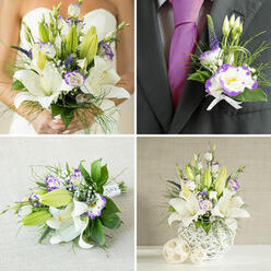 This image is a careful study in harmony, captured across four connected panels that together tell the story of a Canonbury wedding floral scheme. In the principal close-up a bride holds a generous bouquet centred on large white oriental lilies, some flushed open to reveal their stamens, others kept in reserve as tightly formed buds. Around them float white lisianthus edged in vivid purple, their ruffled petals soft against the lilies' smooth satin, while thin spires of deep purple accent flowers add vertical punctuation. A variety of green textures - from fine grassy blades to broader glossy leaves - give the bouquet depth and movement, and the overall scent is quietly sweet with a whisper of fresh green. 

The groom's boutonniere, shown top-right, is scaled down but equally considered: a single open purple-rimmed Eustoma, a lily bud, a touch of spiky purple and delicate greens, secured with a neat white ribbon on a dark charcoal grey jacket and set beside a rich purple silk tie. Bottom-left presents a bridesmaid's or toss bouquet laid on a light beige woven fabric surface, stems wrapped in white ribbon, hand-tied and intimate. Bottom-right shows a tall, sculptural centerpiece in a white spherical vase with an open-lattice weave; lilies, purple-edged lisianthus and trailing foliage tumble from the top, flanked by two woven beige spheres on a pale surface. As a local florist familiar with Canonbury and the New River Walk, Canonbury Flowers would describe this palette as refined, tactile and ideal for ceremonies and receptions across Canonbury and nearby Islington.