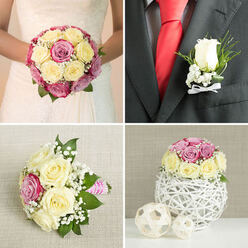 This four-image wedding collage captures a cohesive floral story in soft cream, pale yellow, and pink roses, as though curated for a sophisticated Canonbury reception. In the top left panel, the bride, shown from the bodice down, holds a perfectly rounded bouquet that sits neatly against the lace-trimmed front of her white gown. The bouquet is densely packed with cream and buttery yellow roses, deepening into magenta and mauve rose blooms that add depth and romance, while clusters of white baby's breath and peeks of leafy green foliage create gentle texture and movement. It feels like the kind of bouquet carried down a quiet Canonbury side street towards an intimate church or registry office. The top right image narrows in on the groom's boutonniere, pinned sharply to a dark grey suit jacket. A single white rosebud stands at the centre, its petals smooth and luminous, encircled by tiny white filler flowers and a touch of greenery. The stems are tied with a precise white satin bow that mirrors the groom's crisp white shirt, while his vivid red tie adds a confident, contemporary contrast, evoking the energy of nearby Upper Street. In the bottom left panel, a bridesmaid's posy lies on a pale, textured linen surface. The arrangement echoes the bridal bouquet's palette, with cream and pale yellow roses mingling with bright pink roses, airy baby's breath, and relaxed foliage, its stems wrapped in cheerful pink and white striped ribbon that hints at personal, hand-tied craftsmanship. The bottom right panel showcases a compact rose centerpiece resting atop a sculptural white twig sphere, accompanied by two smaller woven balls. The neutral beige background and white tabletop highlight the flowers' colouring, suggesting stylish wedding table decor suited to a modern Canonbury venue or a townhouse garden reception.