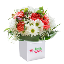 This vibrant bouquet, designed by experienced florists in Canonbury, captures both artistry and emotion in its fresh, exuberant form. Coral and peach carnations, unmistakable with their playful, ruffled petals, spring up from the center, exuding gentle optimism. They are complemented by white daisies featuring lemon-lime centers, lending the bouquet an inviting brightness reminiscent of walks around Canonbury Square on a sunny afternoon. Interspersed throughout are sprigs of delicate baby's breath, their soft, misty blossoms floating above the bold blooms like gentle whispers of affection. On the left, the subtle presence of purple-tinged buds adds quiet depth and a touch of intrigue, echoing the unfolding beauty of springtime in local parks. Lush green leaves form a generous cradle around the base, their glossy surface reflecting soft natural light, anchoring the flowers and amplifying their vitality. The clean-lined square white gift bag provides a modern, practical touch, ideal for gifting or delivering blooms to a loved one in areas such as Islington and De Beauvoir Town. Against the pristine white background, the rich colours and refined composition stand out in sharp relief. This bouquet feels like a celebration in bloom-perfect as a birthday surprise or to brighten any moment, a tangible reflection of the spirited, caring community at the heart of Canonbury.