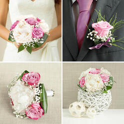 This image shows an entire wedding flower story gathered on a single surface, like a quiet rehearsal before the ceremony begins in a hidden corner of Canonbury. The central figure is the bride's bouquet, a lush, hand-tied cluster of cream peonies and blush-pink roses whose petals overlap in soft, ruffled waves. Nestled between them are tiny stars of white gypsophila, their airy presence giving the arrangement a cloud-like halo that feels light on the eye and delicate to the touch. Around this focal bouquet, coordinated pieces are carefully arranged: smaller posies for bridesmaids, perhaps, and a refined boutonnière with a single lilac-toned rose and a whisper of greenery, all sharing the same romantic palette. The colours move gently from creamy ivory to gentle pink to hints of magenta and lavender, touched here and there by fresh, sculptural green leaves that hold everything in place. The flowers appear freshly conditioned, as though prepared just that morning in a local Canonbury workshop, ready for delivery to a ceremony near New River Walk or a reception along Essex Road. Soft, diffused lighting smooths away harsh shadows, leaving a serene glow that enhances the sense of calm anticipation. There is a feeling of balance and intention in the way each element is laid out, as if every bouquet and buttonhole has its own small role in the day's unfolding story. Crafted with care and sensitivity, the collection radiates romance and gentle joy, evoking the first deep breath taken before walking down the aisle.