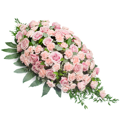 A softly cascading casket spray in gentle shades of pink is shown against a clean white background, shaped like a flowing teardrop that broadens at the upper left and then narrows to a fine, tapering tip at the lower right. The arrangement is abundantly filled with velvety pink roses, some fully unfurled, others just beginning to open, their overlapping petals creating a sense of depth and quiet luxury. Intermingled throughout are light peach-pink carnations with delicately frilled edges, their plush texture forming a comforting cushion around the roses, so that the surface appears almost quilted with blossoms. Surrounding and supporting the flowers is a generous frame of dark green foliage, including broad leaves that provide structure and weight, and more slender, elongated greenery that trails gracefully from the edges, softening the outline and lending a natural, garden-like feel. The colours sit harmoniously together: pastel pinks and blush tones glowing gently against the rich greens, reminiscent of spring blossoms glimpsed in nearby Highbury Fields on a still morning. Though the spray is clearly intended as a sympathy tribute, there is nothing stark or severe; instead, it conveys warmth, consolation, and the sense of hands-on care one might expect from a Canonbury florist who understands the sensitivity of local funeral and memorial services. Imagined atop a casket or placed beside a book of condolence, this floral design seems to offer a quiet embrace to grieving family and friends, with every petal and leaf contributing to a message of respect, remembrance, and loving farewell.