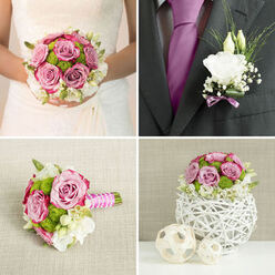 A refined bridal bouquet and coordinating boutonnière are presented against a simple backdrop, their colours and textures evoking an intimate Canonbury wedding near the leafy avenues off Essex Road. The bouquet is dominated by mauve-pink roses, each head fully formed, with petals that curl gently at the edges as if brushed by watercolour. These roses sit closely together, creating a lush, rounded shape that feels both classical and contemporary. Between them, bright green button chrysanthemums peek through like tiny garden orbs, bringing energy and a hint of playfulness that keeps the arrangement from feeling too formal. Soft white lisianthus and other creamy blooms weave through the design, their ruffled, almost feather-light petals catching the light and softening every angle. Slim stems of greenery, some longer and more linear, extend slightly beyond the circular outline, giving depth and a sense of movement, like a gentle breeze along the paths of Canonbury Gardens. The bouquet's stems are neatly grouped and wrapped in satin ribbon-pale pink and white intertwined-creating a smooth handle with a subtle sheen that would sit comfortably in a bride's hands during a walk up the aisle. Close by, the boutonnière mirrors the bouquet's elegance in miniature: a single flawless white bloom with a trace of lavender ribbon and sprigs of fine greenery, ready to pin onto a suit jacket. The overall mood is tender and composed, with the soft tones and fresh textures combining to express quiet joy and the promise of a shared future.