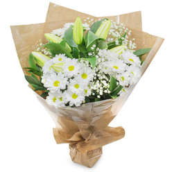 This refined bouquet celebrates purity and gentle optimism: a compact, upright gathering of white blooms and verdant greens, artfully tied and wrapped against a simple white background. A central mass of pristine white chrysanthemum daisies commands attention, their many narrow petals unfurling around cheerful yellow centres that bring a fresh, optimistic glow. Threaded through these are elongated greenish-yellow lily buds, some subtly striped, held upright like promises - closed now but full of character and the potential for a softer, scent-filled bloom later. Sprays of baby's breath (Gypsophila) are woven throughout, their tiny, cloud-like flowers adding a delicate, lace-like texture that lightens the bouquet's silhouette. Dark green foliage provides depth and structure, its glossy leaves forming a verdant backdrop that makes the whites appear crisp and luminous. The flowers are tucked into an inner wrap of rustic, crinkled brown kraft paper and finished with a clear cellophane outer layer that protects the stems and gives a slight reflective finish; the wrapping is gathered and tied at the base so the bouquet can be presented upright. In the cool light familiar to Canonbury mornings - think a stroll past Essex Road market or along New River Walk - the arrangement feels both handmade and timeless. The fragrance is subtle: a clean, green note with the faint sweetness of chrysanthemum and the vegetal whisper of lilies. Prepared locally by Canonbury Flowers, this bouquet is suited to birthdays, gentle celebrations, thoughtful condolences, or a get-well gesture for neighbours and friends across Canonbury and nearby Islington streets.