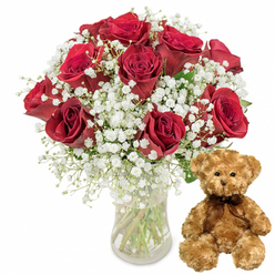 This image captures a tender, carefully styled gift pairing that feels right at home in Canonbury's quiet, tree-lined streets. Dominating the left side is a luxurious bouquet of around a dozen deep red roses arranged in a clear glass vase. Each rose is in a beautiful stage of openness, some just beginning to unfurl while others display their full, velvety whorls of petals, creating layers of crimson and rich wine-red tones. Light glances off the smooth petals, hinting at that familiar rose fragrance, while occasional glimpses of dark green leaves add contrast and shape. Interwoven among the roses is a cloud of white baby's breath, the tiny Gypsophila blossoms forming a frothy, almost ethereal halo that softens the intensity of the red and brings a sense of elegance and tradition. The vase itself is simple and transparent, allowing the viewer to see the straight green stems and the clear water that keeps them fresh, like a bouquet just prepared in a Canonbury florist's studio for same-day delivery across Islington. On the right, a medium-sized teddy bear sits upright, its light brown plush fur looking especially soft under the even studio lighting. The bear's round head, small black button eyes, and delicately stitched nose and smile give it a gentle, reassuring expression, while a dark brown ribbon around its neck adds a finishing touch. The clean white background removes any distractions, focusing attention entirely on this classic duo of roses and teddy, ideal for marking a birthday off Essex Road, celebrating a new romance near Highbury Fields, or sending a comforting gesture when words alone are not enough.