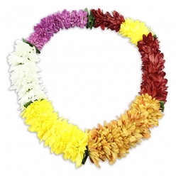 Set against a pristine white backdrop, a single oval lei takes centre stage, glowing with rich, saturated colour and soft texture. The garland is built from tightly clustered, multi-petalled blooms that recall miniature chrysanthemums or ruffled carnations, each flower layered so thickly that the string beneath is almost completely hidden. Beginning at the top left, there is a lush sweep of deep, regal purple that gradually softens before melting into a short, snowy-white segment, cool and calming to the eye. This then transitions into bright, sunlit yellow, which slowly turns to a mellow golden amber, like late-summer light over the tree-lined streets of Canonbury. The colour journey continues into a band of dark, reddish-brown and maroon flowers, rich and earthy, before gently returning to a final flare of yellow that completes the oval. Small hints of dark green fabric foliage appear at some junctions, adding structure and a subtle, natural accent that guides the eye along the gradient. Though the lei is artificial, its blossoms are crafted to appear freshly fluffed and full, suggesting durability for funeral tributes, memorial gatherings, or farewell ceremonies where the flowers need to hold their shape. A soft, diffused shadow beneath the lei gives depth and a sense of gentle lift from the background, emphasising the continuity of the ring. The composition feels serene yet celebratory, a Hawaiian-inspired floral tribute that could easily be chosen by families around Canonbury to convey honour, welcome, and the enduring circle of life.
