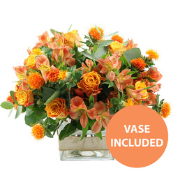 A lavish bouquet in glowing shades of orange, yellow, and soft peach is captured front and center on a clean white background, echoing the warmth of a late summer evening in Canonbury. At the heart of the arrangement are several prominent orange roses, some with petals that gently fade to golden yellow near their centers, each bloom layered and full, like miniature sunsets unfolding. These are complemented by sunny yellow garden roses, more compact and intricately petaled, bringing a sense of gentle elegance to the display. Between the roses, you can see clusters of peach and light orange alstroemeria, or Peruvian lilies, their slender petals adorned with fine streaks and speckles that lend a painterly, almost watercolour quality. Scattered through the bouquet are small, spherical orange accent flowers with a spiky, thistle-like texture, adding playful bursts of brightness and giving the arrangement a contemporary edge. The flowers are framed by lush foliage: smooth, silvery eucalyptus leaves and deeper green fillers that provide depth and a cool counterpoint to the warm blossoms. All of this is arranged carefully in a sturdy, clear square glass vase, where the upright stems and clear water suggest careful preparation by a skilled local florist. Around the center of the vase, a band of natural burlap or jute wraps the glass, giving a rustic, tactile finish that feels right at home in a Canonbury kitchen overlooking a quiet garden or a flat just off Essex Road. In the bottom right corner, a vivid orange circle with crisp white text reads "VASE INCLUDED," signalling that this bouquet arrives ready to place on a table, perfect for celebrating milestones, welcoming a new neighbour, or sending a burst of colour with same-day delivery across N1.