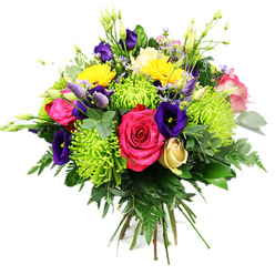 This image shows a lavish, round hand-tied bouquet set against a clean white background, each blossom clearly visible as if laid out on a florist's bench in Canonbury. At its heart, bold hot pink roses unfold in rich, velvety spirals, creating a focal point of intense colour and soft, touchable texture. Around them, lime-green spider chrysanthemums fan out in a playful spray of slender, spiky petals, their vivid chartreuse hue adding an energetic, contemporary edge reminiscent of spring foliage along nearby Essex Road. Deep indigo and royal purple lisianthus flowers snake through the design, some open into delicate cup-shaped blooms, others still in sleek buds, offering cool, elegant notes that temper the brighter tones. Cheerful yellow gerbera-style daisies dot the bouquet, their round centres and radiating petals bringing a feeling of sunshine and easy happiness, perfect for brightening a Canonbury kitchen table or home workspace. Nestled lower in the arrangement, a single cream-to-pale-yellow rosebud remains tightly furled, suggesting new beginnings and quiet reflection. Smaller filler flowers in shades of lavender, blush pink, and soft periwinkle, along with slender white buds, peek out from the greenery, adding fine detail and a touch of meadow-like spontaneity. The flowers sit within a generous collar of dark green foliage-broad, glossy leaves, rounded eucalyptus-like sprigs, and light, feathery fern fronds-that frames the brighter blooms and gives the piece a sense of lushness and balance. The stems, visible and neatly tied at the base, reveal the piece as a true hand-tied bouquet, ready to slip into a vase for birthdays, anniversaries, or thoughtful thank-you gestures delivered across Canonbury and central Islington.
