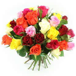 A richly textured bouquet of mixed roses dominates a crisp white backdrop, every bloom angled just so to create a rounded, perfectly balanced dome of colour. The roses are packed closely together, forming an almost seamless carpet of petals that transition smoothly from one shade to the next. Deep crimson and ruby reds suggest romance and devotion, weaving between cheerful, golden yellows that feel like a burst of late-afternoon sunshine over Canonbury's quiet terraces. Soft, blush pink roses bring a gentle, affectionate note, while brighter fuchsia and hot pink heads add a playful, modern twist. Warm orange roses glow like embers, and scattered among them are ivory and cream blossoms that lend a sense of calm refinement. The textures are wonderfully tactile: velvety petals, some tightly furled, others fully open with layered spirals, contrast with the slightly glossy, dark green leaves that emerge here and there from the mass of colour. At the base of the bouquet, a neat bundle of long green stems is pulled together and secured with a green and white checkered ribbon, evoking the charm of flowers carried home from a local Canonbury market stall near New River Walk. The lighting is bright and even, with no harsh shadows, so every petal edge and swirl of colour is clearly defined, giving the viewer an impression of freshness and quality. The overall mood is joyful and celebratory, ideal for marking a milestone birthday on Canonbury Square, sending a thank-you to a neighbour near Highbury & Islington, or simply bringing a burst of colour into a calm North London living room.