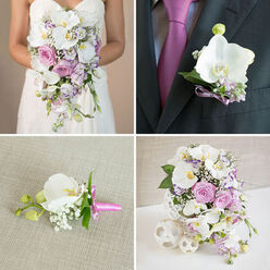 A four-panel collage gently unfolds like pages from a Canonbury wedding album, each scene echoing the same romantic palette of white orchids, pink and lavender roses, and delicate filler flowers. In the top-left frame, the bride appears from the shoulders down in a simple strapless white gown, her attention clearly centred on the lavish cascading bouquet she holds. The bouquet brims with open white phalaenopsis orchids, blush pink garden roses, hints of light purple flowers, and trailing greenery, all softened by wisps of baby's breath that catch the light much like the soft daylight over nearby Highbury Fields. The top-right frame zooms in on the groom's dark grey suit, where an elegant boutonniere rests against the lapel. A single white orchid is accented by lavender filler blooms and small green leaves, secured with a slender purple ribbon that subtly matches the magenta tie underneath, lending a cohesive, considered look. The bottom-left panel shifts the mood to quiet detail: on a textured light beige fabric surface, a boutonniere is carefully laid out, featuring a fresh white orchid bud, feathery baby's breath, and a touch of greenery, all bound with a bright pink ribbon that feels playful yet polished. In the bottom-right frame, a dramatic cascading arrangement takes centre stage in an ornate white woven vase. White orchids spill gracefully over the rim, mingling with varying shades of pink and lavender roses, tiny purple filler flowers, and clouds of baby's breath. Three white woven spheres of differing sizes sit artfully beside the vase, creating a balanced, contemporary display that would suit a Canonbury townhouse reception or a stylish local restaurant wedding.