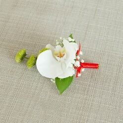 Set against a softly woven, light beige linen backdrop, this elegant boutonniere feels as if it has just been placed on a dressing table in a quiet Canonbury terrace moments before a ceremony. The focal point is a flawless white phalaenopsis orchid, its large petals gently arching outward with a satin-like sheen that catches the diffused light. At the centre, the orchid's throat reveals intricate yellow tones melting into subtle reddish-orange or light brown markings, a delicate pattern that adds depth to its snowy white face. Surrounding the orchid, airy tufts of white baby's breath scatter like tiny stars, their fine stems and minuscule blossoms lending an ethereal softness and an almost cloud-like frame. On the left side, two compact lime-green chrysanthemum buds, rounded and textural with their densely packed petals, create a fresh jolt of colour, balancing the arrangement with a modern, slightly playful edge. A broad, deep green leaf curves beneath the flowers, with a smaller, darker green leaf tucked closer to the stems, grounding the design with natural structure and a hint of woodland calm, reminiscent of a walk through nearby Highbury Fields. The stems are tightly wrapped in striking crimson red satin ribbon, the smooth fabric forming a polished handle that ends in a simple, refined knot. This bold red accent contrasts beautifully with the whites and greens, suggesting celebration and romance without overpowering the flowers themselves. The overall mood is refined, fresh, and intimate, ideal for a groom or groomsman at a Canonbury or Islington wedding, captured just before the boutonniere is pinned on and carried into a day of cherished moments.