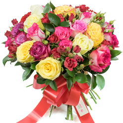 A vibrant, densely packed rose bouquet rendered against stark white, described with the eye of a local Canonbury florist. This arrangement balances cheer and romance: bright yellow roses and pale creamy blooms brighten the centre, while an array of pinks-from delicate blush to electric fuchsia and rosy magenta-spirals outward. Contrasting deep reds and burgundy spray roses add weight and richness, and a scattering of bi-tonal pink-and-white petals offers playful highlights. The flowers vary in scale and stage-mature hybrid tea roses open wide to reveal layered petals, clustered spray roses add small-textured interest, and tight buds promise lingering bloom-creating a tactile landscape of velvet and silk. Interspersed glossy green foliage, the sort of ruscus or salal we use in our Canonbury studio, gives the composition a leafy backdrop that makes each colour pop. The stems are bound with a wide, bright red satin ribbon tied into an elegant bow with long tails; a neat white tag stamped 'Happy Holidays' nestles into the knot. Light appears soft and natural, as if the bouquet were set near New River Walk at dawn, letting the petals glow and the fragrance-clean, lightly citrus and distinctly rose-carry on the air. Crafted with the care local neighbours expect, this bouquet reads as a statement of joy and affection, suited to anniversaries, birthday surprises, Mother's Day, or a romantic gesture delivered across Upper Street and Chapel Market.
