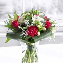 A sophisticated bouquet of red and white flowers sits proudly in a tall, clear cylindrical glass vase, as if placed on a dining table in a light-filled Canonbury terrace. The water in the vase is crystal clear, showcasing the straight, freshly cut green stems tied neatly together, conveying a sense of careful preparation and just-arrived freshness. Rising above, layers of velvety deep red roses and a richly textured crimson carnation command attention, their petals unfurling in tight curls and soft curves, like opened hearts. Between these passionate red blooms, creamy white flowers provide a gentle contrast: white alstroemeria blossoms with delicate streaks at their throats, soft white daisy-like blooms, and several smooth white lily buds that are still closed, hinting at fragrance yet to unfold. Wisps of fine white gypsophila, or baby's breath, float among the larger flowers, their tiny star-like blossoms creating a light, clouded effect. The bouquet is framed by an abundance of greenery, including broad, shiny dark green leaves wrapped in a graceful collar at the base and upright, eucalyptus-style stems that add cool blue-green tones and varied leaf shapes. The entire composition rests against a softly blurred, bright background, with daylight gently washing over each petal and leaf, creating tiny reflections on the glass. The mood is polished yet warm, like a gift sent to mark a milestone birthday on a quiet Canonbury side street, or a romantic gesture delivered after work. Every element, from texture to color, works together to suggest tenderness, celebration, and a quietly confident sense of style.