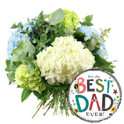 Set against a crisp white backdrop, this image captures a thoughtful Father's Day arrangement that feels perfectly at home in Canonbury: a generous hydrangea bouquet paired with a cheerful "For the BEST DAD EVER!" balloon. To the left and centre, the flowers are gathered in a full, rounded cluster, the sort of hand-tied bundle a local might have delivered to a family home off Essex Road. Soft, creamy white hydrangeas anchor the design, their billowing, pompom-like heads creating a sense of gentleness and quiet appreciation. Around them, light blue hydrangea blooms cool the palette, their petals layered like folded silk, while bright lime green hydrangeas peep through at the outer edges, giving the arrangement a fresh, energetic twist. Interlaced among the large flower heads, silvery eucalyptus and darker green foliage add texture and structure, their varied leaf shapes giving a hint of woodland fragrance and making the bouquet feel rich and natural, as though cut from a well-tended Canonbury terrace garden. The stems at the base are clearly visible, straight and neatly bound, emphasising that this is a hand-crafted gift, arranged with care by an experienced florist. On the right, slightly overlapping the stems, a round foil balloon gleams. Its white centre is framed by bold black-and-white stripes at the top and bottom, lending a smart, graphic touch. In the middle, the phrase "For the BEST DAD EVER!" is written in a mix of fonts and bright colours, with "BEST" and "DAD" built from playful patterned letters-polka dots, stripes, and solids in red, teal, green, and black. Surrounding the text, colourful stars and tiny dot accents scatter across the surface like celebratory confetti. Together, the cool-toned hydrangeas and lively balloon create a gift that radiates warmth, pride, and affection for a special dad in Canonbury, whether for Father's Day, a milestone birthday, or a quiet thank-you from the heart.