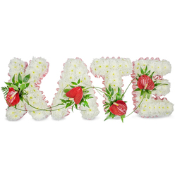 A bespoke tribute spells out KATE in sculpted capital letters formed entirely from small, pristine white chrysanthemums, their cushiony heads arranged with meticulous care to create smooth, three-dimensional letterforms. A ruffled blush-pink ribbon traces the outer contours of each letter, its soft pleats giving a feminine edge and a whisper of colour against the immaculate white base. Nestled into the white expanse are glossy red anthuriums whose heart-shaped spathes and central spadices read like bold, warm punctuation; they punctuate the composition with dramatic, jewel-toned accents and sit amid deep green foliage - broad, glossy leaves and fine fern fronds - which add texture, shadow, and a living frame to every letter. Thin green vines arc between the letters, linking them with a natural flow that suggests unity and movement across the layout. A subtle drop shadow beneath each letter enhances the relief, making the tribute feel tactile and present. The overall impression is one of quiet elegance and heartfelt remembrance, the contrast of white, blush pink, and red delivering both purity and passionate memory. Prepared with local knowledge of Canonbury and surrounding Islington, the piece reflects the careful floristry often requested for memorial services near Canonbury Square or at nearby chapels, where families seek arrangements that speak of respect, continuity, and seasonal freshness. Canonbury Flowers crafts this type of tribute with an eye for balance and the soothing restraint appropriate to farewell moments.