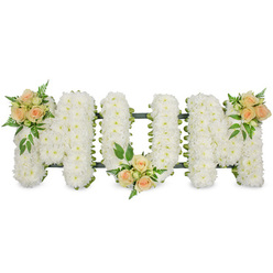 This image shows a beautifully composed funeral tribute spelling MUM in bold, capital letters, laid out cleanly against a white background so that every detail of the flowers can be appreciated. The body of each letter is formed entirely from dense clusters of snow-white spray chrysanthemums, their small, rounded petals overlapping to create a cushiony, almost quilted surface. The flowers are placed so closely that they appear like a continuous blanket of white, evoking innocence, serenity, and the gentle constancy of a mother's love. A discreet dark green frame and foliage edge the letters, revealing the careful mechanics beneath and giving definition to each curve and angle. Soft colour is introduced through three graceful clusters of roses in a tender palette of peach, blush pink, and creamy tones. One cluster decorates the upper left corner of the first M, a second nestles at the base of the central U, and the third sits at the upper right of the final M, balancing the composition from left to right. These rose groupings feature both open blooms and smaller buds, framed by lush greenery and delicate fern fronds that lend movement and natural texture. The tribute feels very much at home in Canonbury, reminiscent of a calm walk between tree-lined streets and the quiet elegance of local garden squares. Crafted with the steady hands of an experienced florist, this MUM arrangement is intended for funerals, memorials, or cremations, carrying an unspoken message of remembrance, gratitude, and enduring affection for a beloved mother, while offering a focal point of beauty and comfort for family and friends gathered to say goodbye.