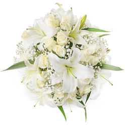 Captured from above on a spotless white surface, this perfectly rounded bridal-style bouquet centres on generous white oriental lilies, their wide, sculptural petals unfurling to disclose pale green stamens and a hint of mottled throat colour that gives the blooms visual depth. Nestled among the lilies are numerous cream and ivory roses held in tight bud and half-bloom, their closely packed petals creating a soft, tactile mass that contrasts with the lilies' open drama. Sprigs of delicate Baby's Breath (Gypsophila) drift through the composition like soft veils, lending an airy, cloud-like texture that lightens the dense cluster of main flowers. A few glossy green leaves edge the bouquet, subtly defining its round outline and adding a refreshing coolness against the warm whites. The studio light is even and gentle, producing a serene, luminous effect reminiscent of early morning in Canonbury Square, where pale blooms might catch the first sun. The arrangement's craftsmanship is evident in the balanced spacing and the careful alternation of large focal lilies, medium rose clusters, and fine filler-an approach familiar to local florists who dress weddings and memorials along New North Road and Chapel Market. The overall impression is one of poised elegance and quiet celebration; while the image is descriptive, this bouquet is also practical for local delivery across Canonbury and nearby Islington addresses when a calm, sophisticated floral statement is required.
