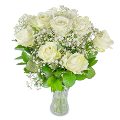 Here, twelve or so pristine white roses are artfully gathered with generous sprays of baby's breath, captured against a bright white background so the textures and tones remain the soul of the image. Each rose shows stages of bloom-some open and reverent, others curled inward like a secret-its creamy petals soft and satiny under gentle, natural light that emphasises the flowers' subtle ivory nuances. Sprigs of gypsophila weave like a silvery lace between the larger blooms, creating a haloed, airy volume that lifts the arrangement visually and emotionally, reminiscent of light drifting across the New River Walk in Canonbury on a still morning. The foliage beneath is a study in green: deep, almost glossy emerald leaves paired with paler, lime-hued accents that offer structure and a fresh, botanical counterpoint to the whites. Everything rests in a plain clear glass vase that reveals the neatly cut stems and clear water, an honest detail that signals freshness and thoughtful handling by a local hand. As a Canonbury florist I arrange bouquets like this for weddings on Canonbury Square, quiet anniversary tables, or as condolence tributes for neighbours-each stem chosen for balance and feeling. The scent is soft and fleeting, a gentle freshness that invites close, quiet appreciation rather than fanfare. For same-day delivery across Canonbury and nearby Upper Street, this design reads as understated elegance: pure, composed, and quietly consoling.