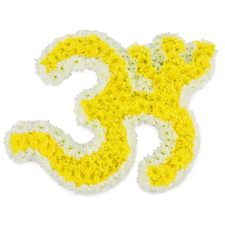 This image shows a serene and highly detailed floral interpretation of the sacred Om symbol, laid out against a completely clean white background so that nothing competes with the design. The central body of the Om is filled with tightly nestled yellow flowers-small blooms that sit shoulder to shoulder, creating a thick, cushion-like surface that follows the flowing script of the symbol from its broad base to its elegant upper curves. Around this radiant core runs a sharply defined border of white blossoms, each petal helping to outline the familiar shape, including the small detached dot that appears above and to the right. The contrast between the glowing yellow and the pure white makes the character instantly recognisable, even from a distance, while closer inspection reveals the careful placement of each stem and the consistent height of the petals, giving the whole tribute a calm, even texture. Bright, neutral lighting enhances the clarity of the yellow tones without creating glare, as if the piece were arranged near a sunlit window in a quiet Canonbury townhouse. The mood is calm and contemplative, suitable for a funeral tribute, a remembrance service, or a spiritual gathering in the local community. One can almost sense the soft rustle of petals and imagine the subtle herbal scent that fresh chrysanthemums bring, making this floral Om feel like a gentle offering of comfort, respect, and spiritual connection within the heart of North London.